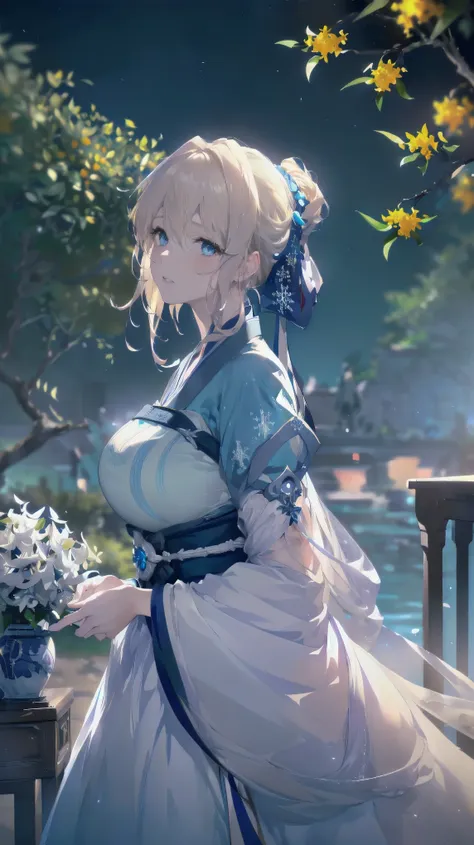 violet evergarden, 1 girl, solitary, check viewers, blue eyes, blonde hair, greek clothing, spectacular starry sky, naked, stari...