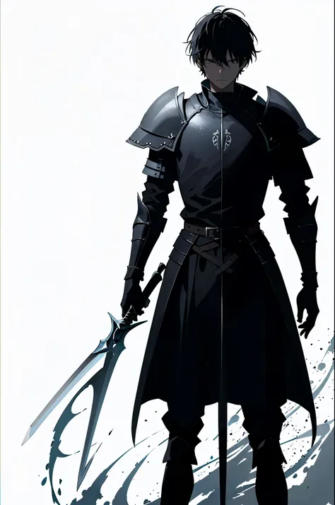  Silhouette of a person in medieval armor holding a sword, standing against a plain background, bold and slim lines, brush strokes