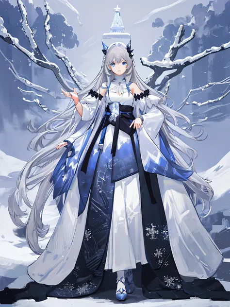 woman、gray hair、Crystal of snow、light blue、long hair、white clothes、from the waist up、standing、blue eyes、front、beautiful