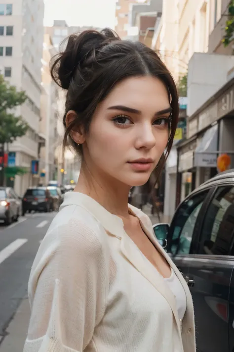 Create a realistic portrayal: a lady with a combination face resembling Kim Taehyung and Kendall Jenner, with kendall jenner style. with low sleek bun