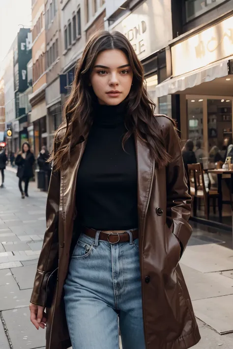 Create a realistic portrayal: a lady with a combination face resembling Kim Taehyung and Kendall Jenner, with kendall jenner style. with long wavy hair, use moderate stylish clothe