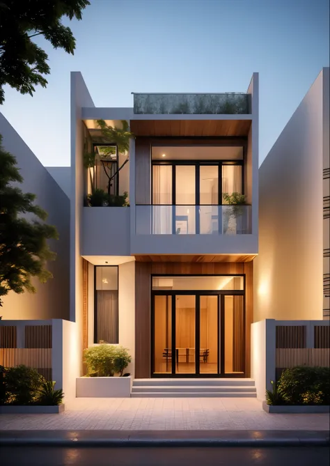 Perspective of a modern house with a large enough front yard, main materials are light yellow walls, stone and wood, a road running in front of the house, (RAW photo, real, best quality, masterpiece: 1.2), current view modern minimalist, 1 street in front ...