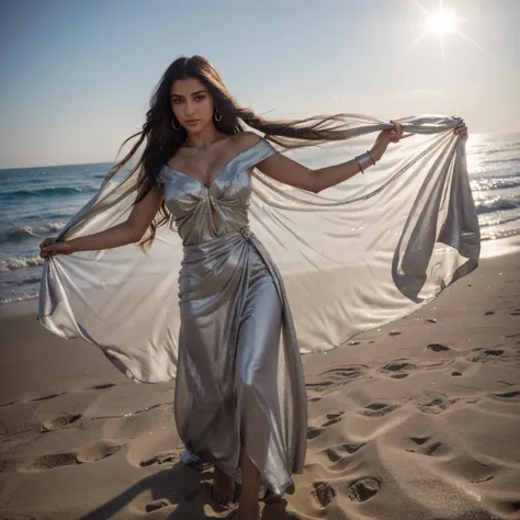 8k, RAW photo, best quality, ultra high resolution, (photorealistic), realistic photo of arabian girl, (20 years old, most beautiful arabian girl in the world, slim face, tanned skin, black hair with silver inserts), on the desert beach of the ocean, ocean...