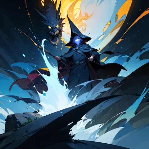 dark wizard ruling the elements on top of a mountain at night