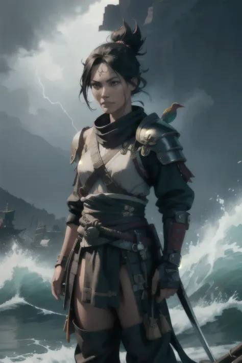 A samurai pirate standing on a pirate ship with a katana, a pirate flag fluttering in the wind, detailed armor shining in sunlight, intense expression on the face, a bandana tied around the forehead, fierce eyes with small guide lights reflected, a wooden ...