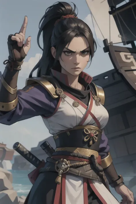 female samurai pirate, pirate ship, detailed armor, intense face, fierce eyes, scar over one eye