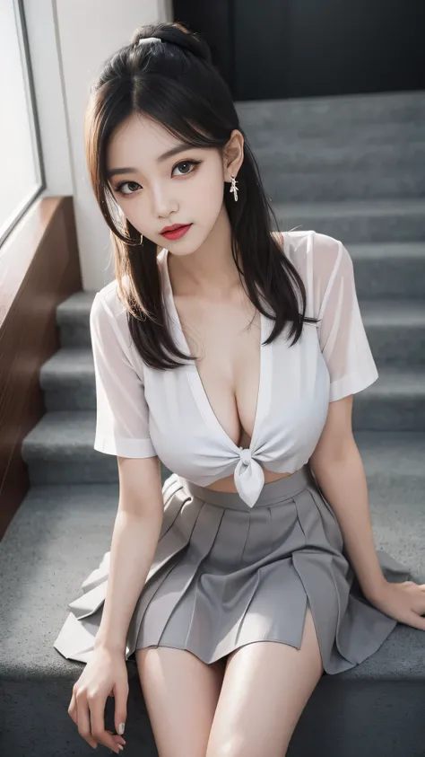 Gray eyes, Korean , summer shirt, gravitation, charisma, glamorous, ribbon tie, a bore skirt, bright blonde, school stairs, going down school stairs, chest thrusting pose, chest bragging pose, 8k raw photo, high resolution, cool Korean at 18  years old, ve...