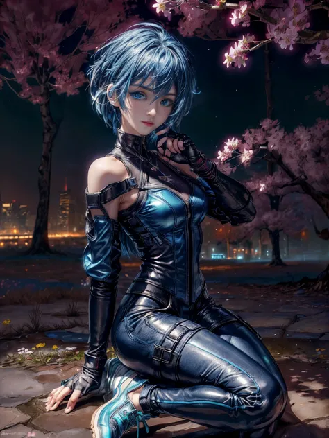 cinematic lighting、highest quality,Bright cyberpunk world、1 female、(20 year old beautiful woman、detailed beautiful facial 、short hair、shoulder length hair、blue eyes:1.4)break,medium hair、（vivid shiny blue hair color:1.3）
break

(Futuristic leather jacket w...