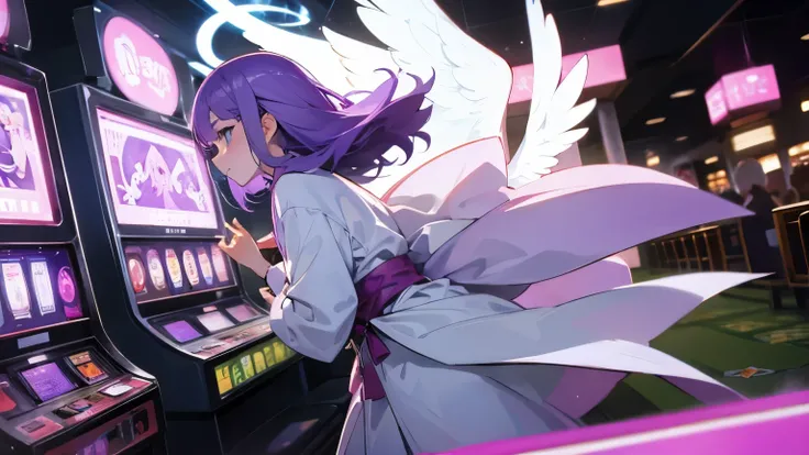 Purple-haired girl in angelic costume plays on Japanese slot machines。