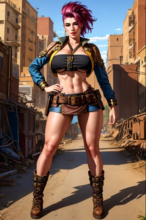 (best quality,4k,highres),ultra-detailed,(realistic:1.37),19-years old,vibrant,rainbow colours,croptop,underboob,short skirt,full body shot,engineer,steampunk,boots,seductive,apocalyptic setting,belts and buckles,asymmetric,half shaved hair