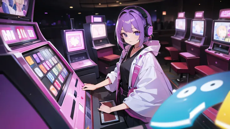 Purple-haired girl wearing headphones，Play on Japanese slot machines。