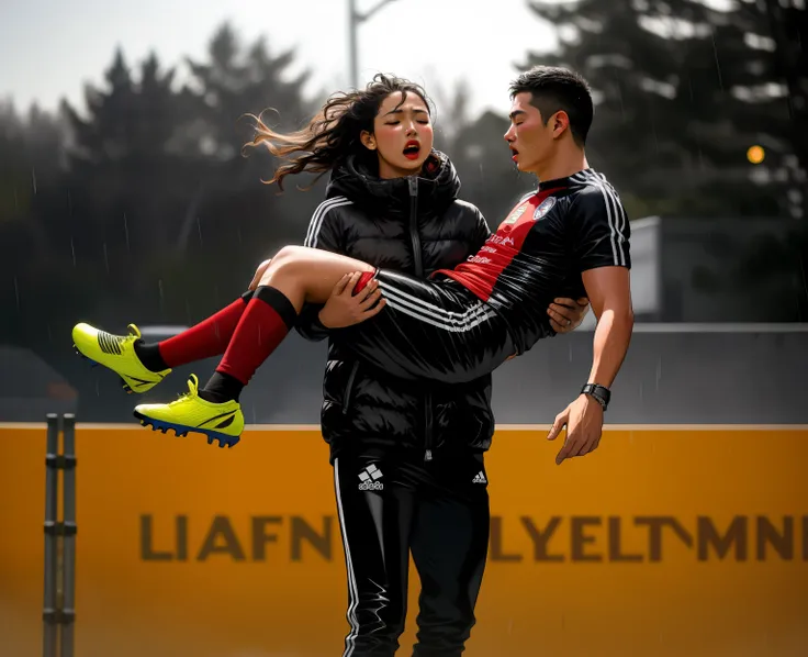 a shouting chinese woman in a glossy and laquered and very shiny quilted coat carries a man, a chinese woman carries a male soccer player, a chinese woman carries a male soccer player in her arms, rainy weather, rainfall, humid, girl carries guy, lift and ...