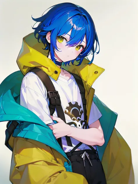 [(WHITE BACKGROUND:1.5),::5], ((((masterpiece)))), high quality, very_high_resolution, large_filesize, full color, ((younger boy)), 13 old year, short deepblue hair, vivid color, ((yellow eye)), civilian clothes white, anime, whole body