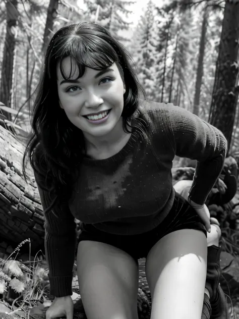 smiling sweaty bettie page, climbing a mountain, in a forest,big wool brown sweater, velvet brown shorts, mountain boots, mounta...