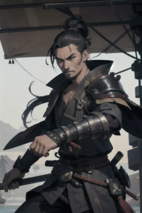 male samurai pirate, standing on a pirate ship, detailed armor, intense face, fierce eyes, scar face