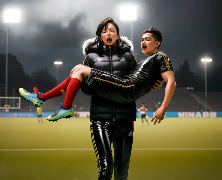 a shouting chinese womanl in a laquered and very shiny quilted coat carries a man, a chinese woman carries a male soccer player, a chinese woman carries a male soccer player in her arms, rainy weather, rainfall, humid, girl carries guy, lift and carry, an ...