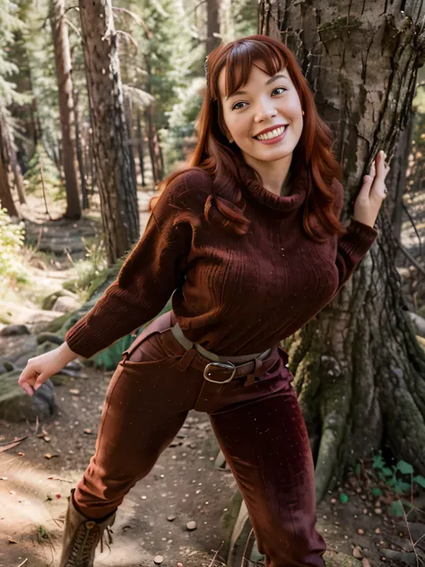 a beautiful smiling lips open bettie page with red hair, climbing a mountain, in a forest,big wool brown sweater, velvet brown p...