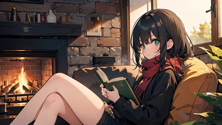 A girl sitting on a sofa in front of a fireplace reading a book,There is a coffee mug on the table,black hair,Red scarf with black stripes,black shorts,Light green sweater