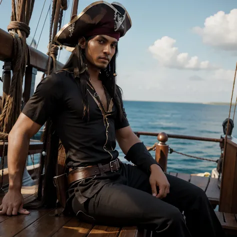 Slim compression man dark skin long black hair with hazel eyes wearing pirate clothing on the deck of a pirate ship