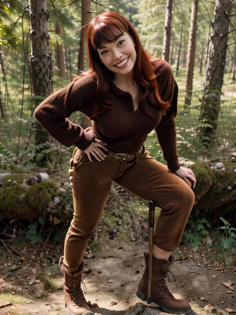 A beautiful smiling  Bettie page with red hair, climbing a mountain, in a forest,big wool brown sweater, velvet brown pants, mountain boots, helping walinkg herself with an alpenstock
 , shes climbing hard the mountain,,photo captured in stunning Ultra HD,...