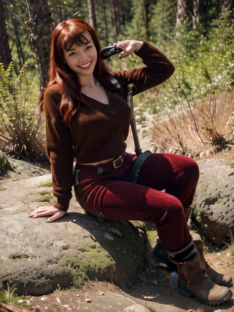 a beautiful smiling  bettie page with red hair, climbing a mountain, in a forest,big wool brown sweater, velvet brown pants, mou...