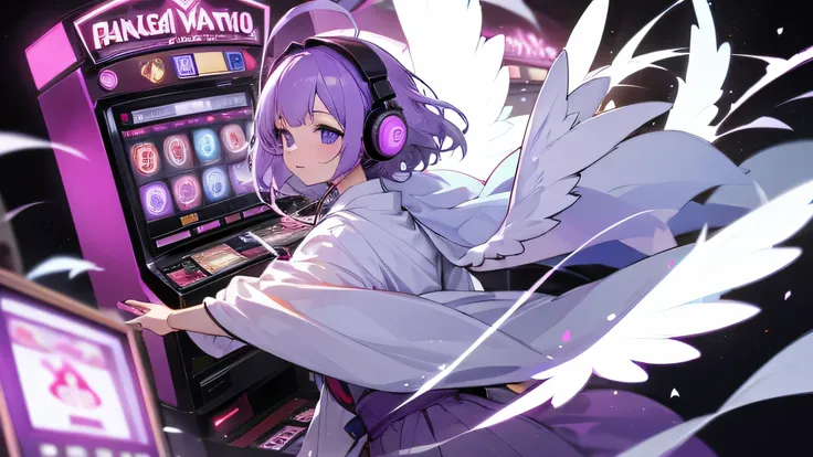 wearing headphones，Purple-haired girl in angelic costume plays on Japanese slot machines。　Accurate finger movements。