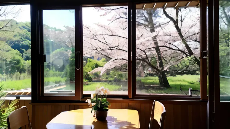 Cafe、landscape、retro、coffee on the table、There is a forest outside the window、Bright and pleasant、Outside, the cherry blossoms are falling