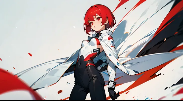 short hair girl red hair red eyes small breasts white suit black pants small butt shy