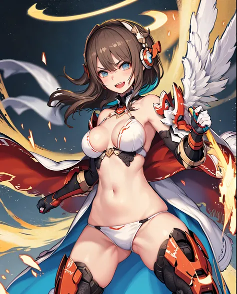 fantasy, 1angel_girl,(young_teen:1.5), ,brown_hair, medium_bob_hair, long_bangs, halo,bare_shoulder,thighhighs,silver_armor, waist_armor, large_breasts,angry,grinning,open_mouth_teeth, 1pair_wings, dynamic_pose_fighting,floating, bare_crotch, headgear,gaun...