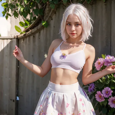 realistic, 1girl, white hair, purple eyes, glowing eyes, crop top, skirt, parted lips, blush, night, flowers, sun, sunlight,