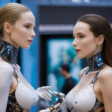 (Best Picture Quality, 4k, 8k, Hi-Res, Masterpiece:1.2), (Ultra-Detailed, Realistic, Graphic:1.37),(Top quality, real), (Three autonomous AI androids developed specifically for sex acts are on display at a corporate product exhibition: 1.3), Sex androids w...