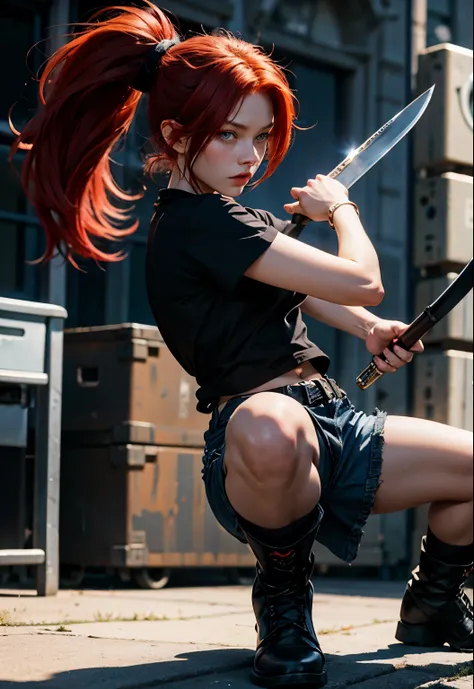 Very beautiful red-haired woman, blue eyes, black t-shirt, black short shorts, black boots, ponytail, with a knife in her hand in a combat stance