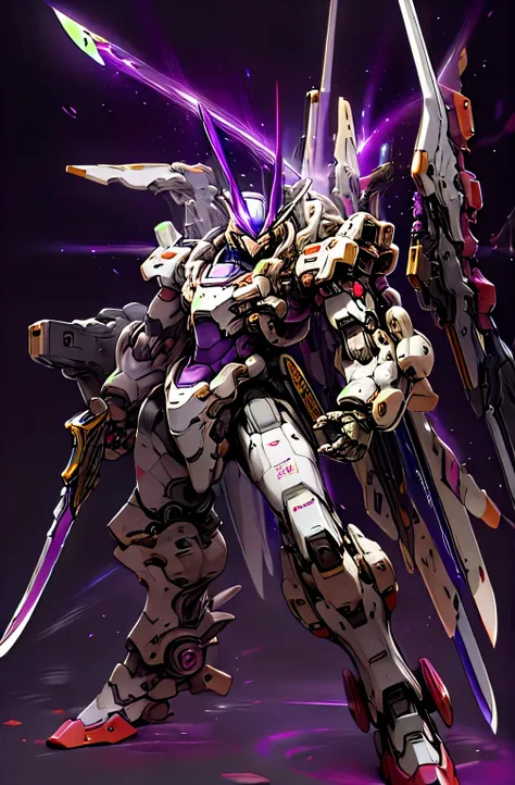 mecha astronaut with a sword and a gun, anime style, purple aura, hero pose