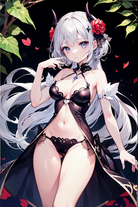 (highest quality)、((Super detailed))、(super delicate)、Sexy cute little devil、 girl、silver hair、beautiful breasts、beautiful thighs、A gorgeous and fantastic light-filled background