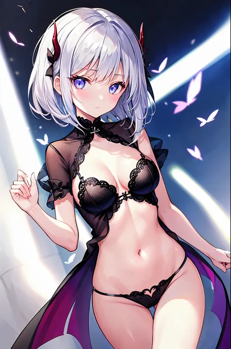 (highest quality)、((Super detailed))、(super delicate)、Sexy cute little devil、 girl、silver hair、beautiful breasts、beautiful thighs、Gorgeous、fantastic light