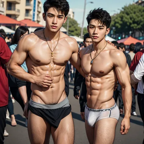 Boy in the crowded lunar new year festival, amazing lunar new year festival scenery, Crowded festival, dance in the background, barongsai Full body photo, very wet body, Very thin red thong, Proudly showing off his sweaty very hairy armpits, completely nak...