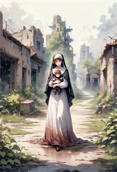 A nun, Holding a child, Standing on a nuclear wasteland. The once prosperous city is now in ruins, Ruined buildings and abandoned vehicles litter the desolate landscape. Nature has begun to take back territory, Plants growing in concrete cracks，Vines entwi...