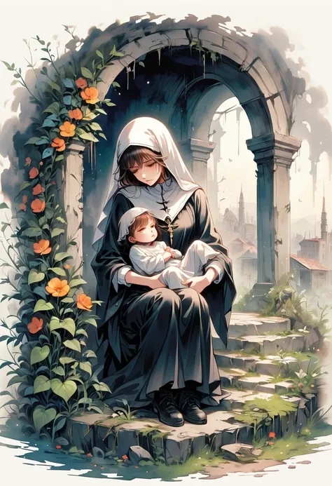 A nun, Holding a child, Standing on a nuclear wasteland. The once prosperous city is now in ruins, Ruined buildings and abandoned vehicles litter the desolate landscape. Nature has begun to take back territory, Plants growing in concrete cracks，Vines entwi...