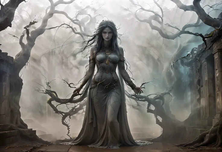 An ethereal portrait of a Goddess intertwined with the intricate branches of an ancient tree, highlighting the mystical bond, There is an ancient wall with ancient stories carved in high relief in the background., covered with fog and smoke,Light filters i...