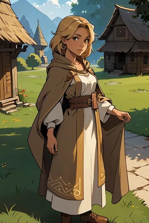 Solo, female, bard, standing, looking at viewer, tan skin, fantasy village, linen tunic, cloak