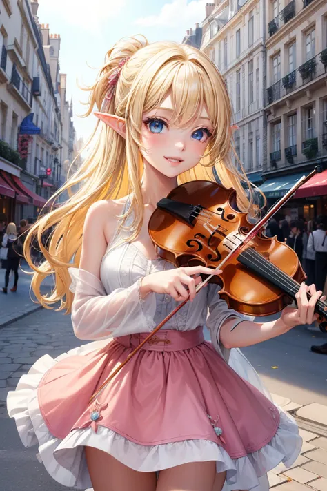 1girl, ((high quality)),((masterpiece)), summer clothes, elf　,  light skin　, Avatar girl, blonde messy hair,　city, Paris, cute,sexy, smile, printemps , elegant ,🪻,🏵️💮🌸🪷🌷 , playing on violin, 