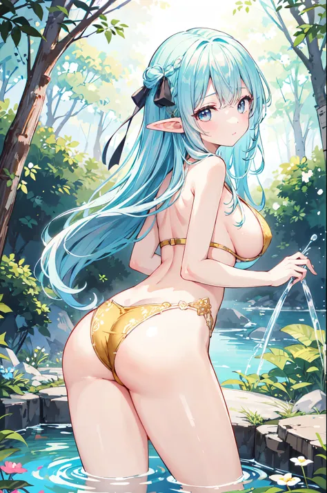 （masterpiece）、(highest quality)、((Super detailed))、(super delicate)、pastel colored hair、beautiful breasts、side boob、Beautiful butt、Fantastic forest fountain、Sexy elf bathing