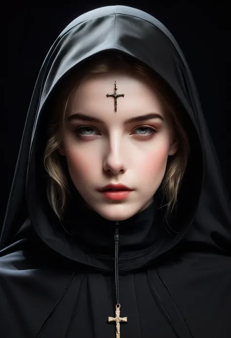 Close-up of a person wearing a hood and hoodie, nun fashion model, flora borsi, nun, nun fashion model looking up, an evil nun, vampire nun, nun outfit, majestic saint, karol bak of emma watson nun, orthodox cyberpunk, Photography Alexey Kurilev, saint, bl...
