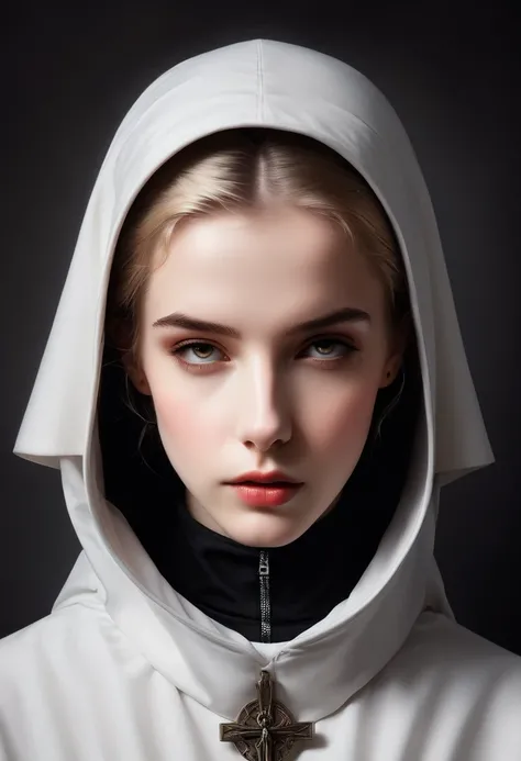 Close-up of a person wearing a hood and hoodie, nun fashion model, flora borsi, nun, nun fashion model looking up, an evil nun, vampire nun, nun outfit, majestic saint, karol bak of emma watson nun, orthodox cyberpunk, Photography Alexey Kurilev, saint, bl...