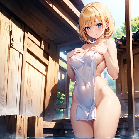 (​masterpiece:2.0), (top-quality:2.0), (leaning forward naked in the hot spring:1.5), (extremely short white Tube top towel:1.5), (Super Sexy Pose:1.5), (from below looking up:1.5), (Perfect exposed shoulders:1.5), (Perfect exposed nape:1.5), (blushed face...