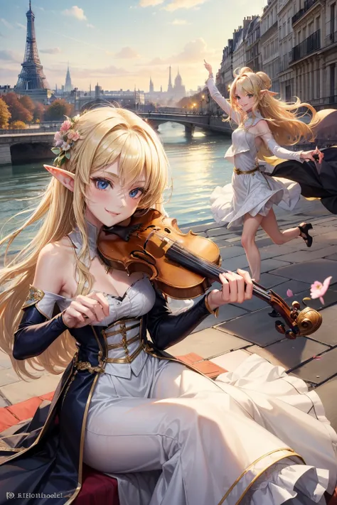 1girl, ((high quality)),((masterpiece)), elegant clothes, elf　,  light skin　, avatar girl, blonde messy hair,　city, paris, cute,...