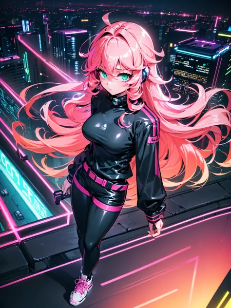 masterpiece:1.4, 1girl ((20year old, dressed in long sleeve shirt, tight black shorts, sneakers, medium breasts, multicolor pink hair, curly long hair, green eyes:1.4, Wearing headphones, standing on a balcony looking out at city:1.1 sci-fi skyline in back...