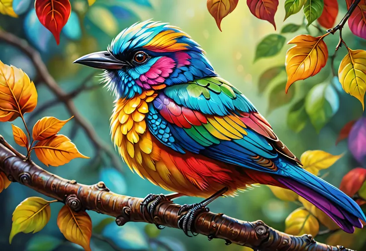 a brightly colored bird perched on a branch with leaves in the background, realistic paintings inspired by charles bird king, tr...