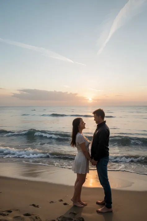 evening, at the seaside, The sunset shines on the sea, There are some seagulls flying, A couple of lovers standing on the beach,Looking at the fishing boats on the sea. ((best quality)), ((masterpiece)), (detailed), perfect face