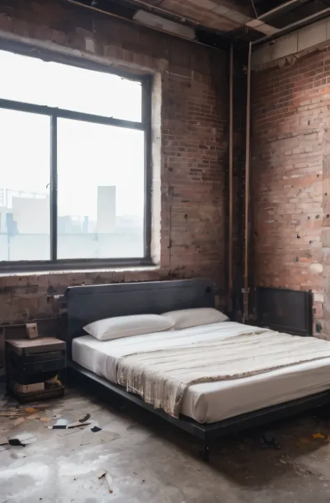 (highest quality, 8K, masterpiece, )), A bed in an abandoned factory２Two、side view